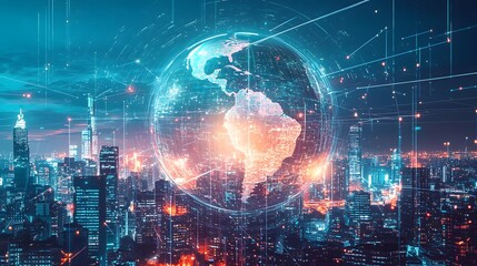 A cyberpunk city skyline with glowing data streams, representing Data Sovereignty, with a globe in the center and a single figure struggling to break free
