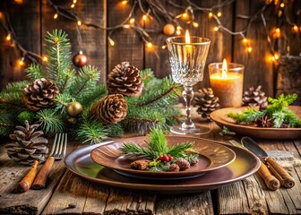 Rustic Christmas Table Setting: Cozy Winter Dinner with Pine Cones & Evergreen Branches