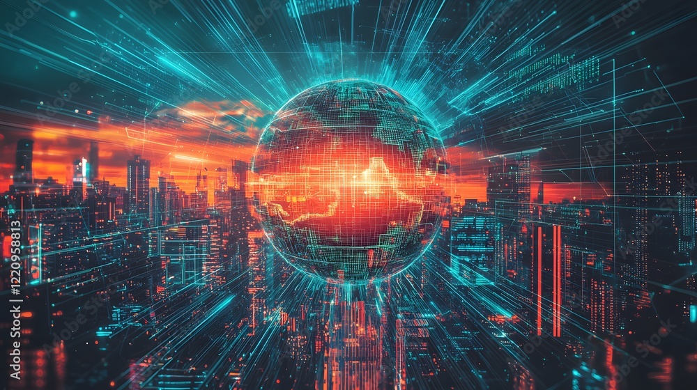 Poster a cyberpunk city skyline with glowing data streams, representing data sovereignty, with a globe in t