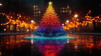 A brightly lit, colorful Christmas tree with multi-colored lights,
