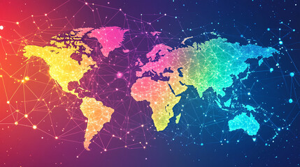 Fototapeta premium Colorful world map showcasing global connectivity with network lines and nodes