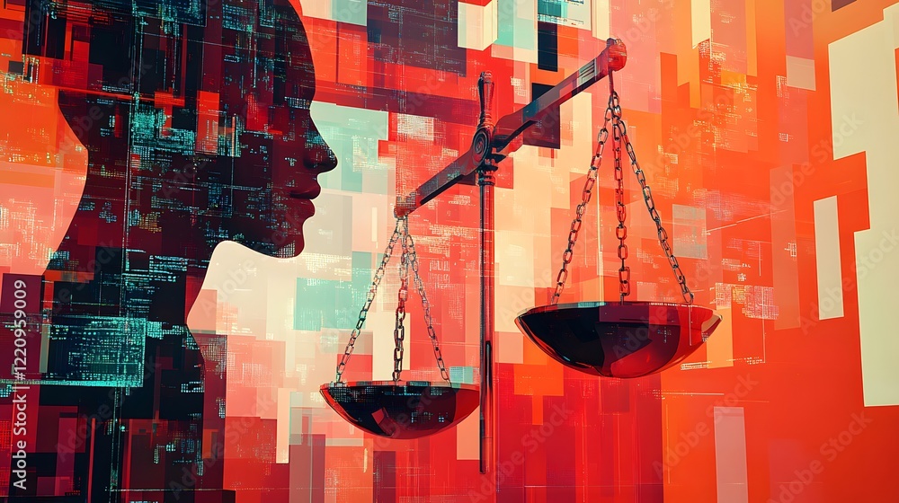 Poster a digital scales balancing privacy with innovation, symbolizing data ethics, with abstract represent
