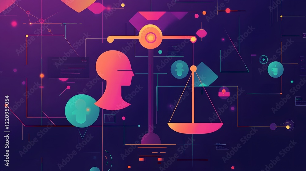 Poster a digital scales balancing privacy with innovation, symbolizing data ethics, with abstract represent