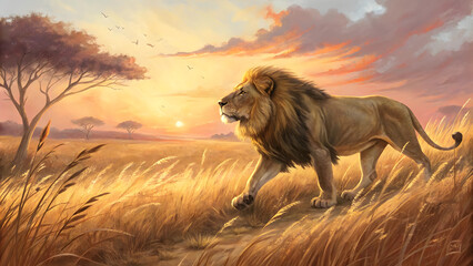 A majestic lion basking in the sunset with its magnificent mane glowing in the sun