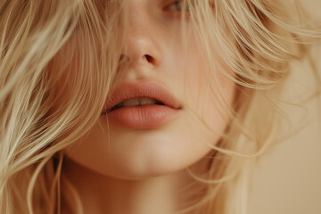 Naklejka premium Sensual young woman with healthy glossy shiny blonde hair close up detail texture, commercial photography. Natural hairdressing procedure.
