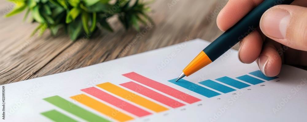 Poster a hand holding a pen points to a colorful bar graph on a sheet of paper, symbolizing data analysis a