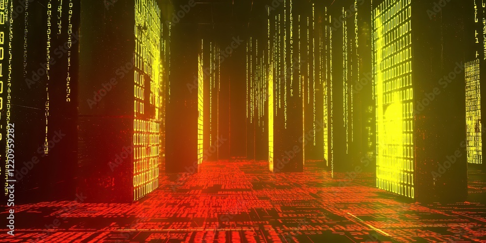 Poster yellow and red room with many computer screens