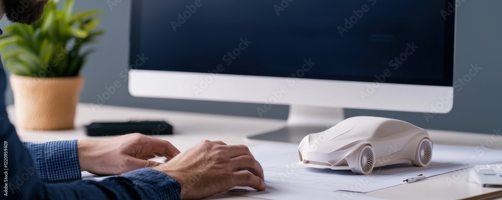Poster a person is working at a desk with a computer, focusing on a model car, suggesting design or enginee