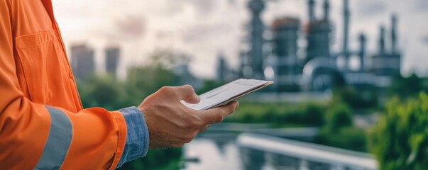 A worker in an orange safety jacket using a tablet outdoors, with industrial facilities in the background, showcasing technology in an industrial setting.