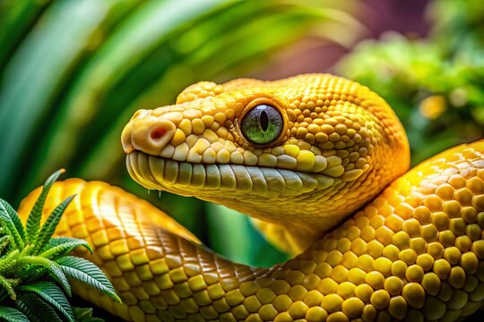 Macro Close-up of Yellow Python in Lush Jungle - Exotic Wildlife Photography