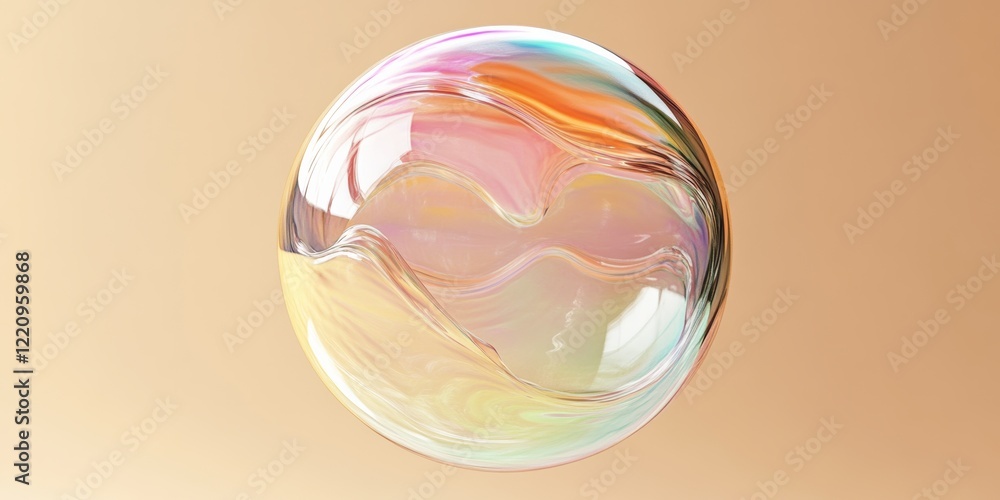 Poster floating rainbow bubble with swirling patterns in 3d design