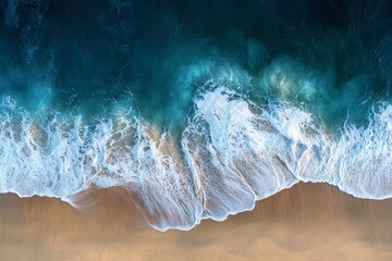 Fototapeta premium Bird’s-Eye Perspective of Waves Crashing on a Serene Beach with Blended Textures and Hues