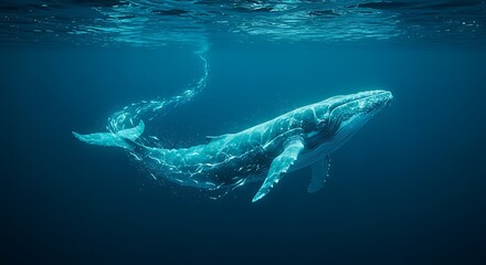 Fototapeta premium Majestic blue humpback whale swimming gracefully underwater with light reflecting off its textured skin, creating a shimmering effect, concept for ocean conservation, marine life exploration and