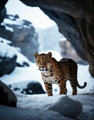 Obraz premium snowy cave and a leopard
