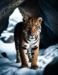 snowy cave and a leopard