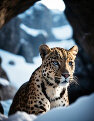 Naklejka premium snowy cave and a leopard