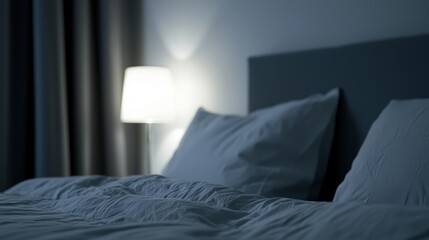 A bed with two pillows and a lamp on the nightstand