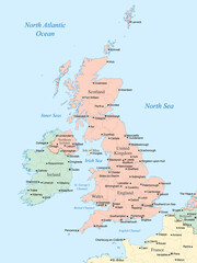 Political map focusing on the United Kingdom and Ireland, highlighting their major cities, regional divisions (England, Scotland, Wales, and Northern Ireland), and surrounding seas.