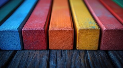 A colorful arrangement of small, rectangular wooden blocks,