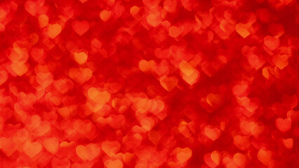 Blurred background. Red shiny background in the form of hearts for the Valentine's Day holiday