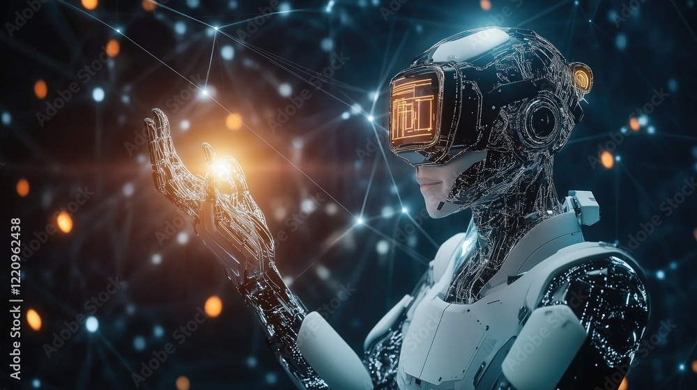 Poster robot with futuristic design and virtual - reality - like goggles, interacting with digital elements