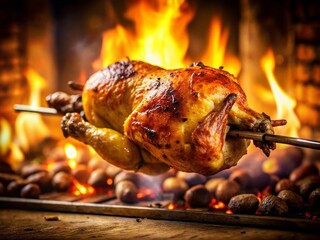 Rustic Tilt-Shift Photo: Chicken Roasting on a Spit Over Open Fire