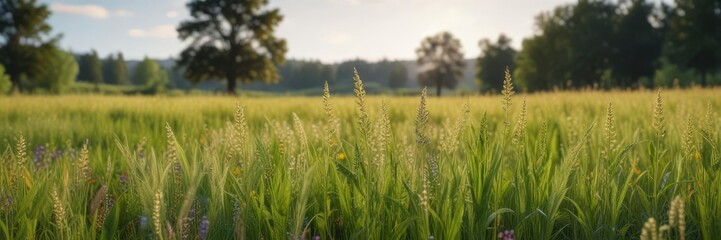 Fototapeta premium Barley plants growing in a field with wildflowers and trees, trees, countryside, wildflowers