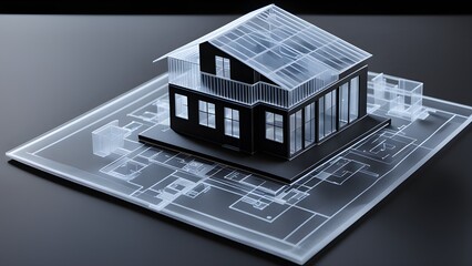 Architectural model of a modern house resting on a translucent blueprint.