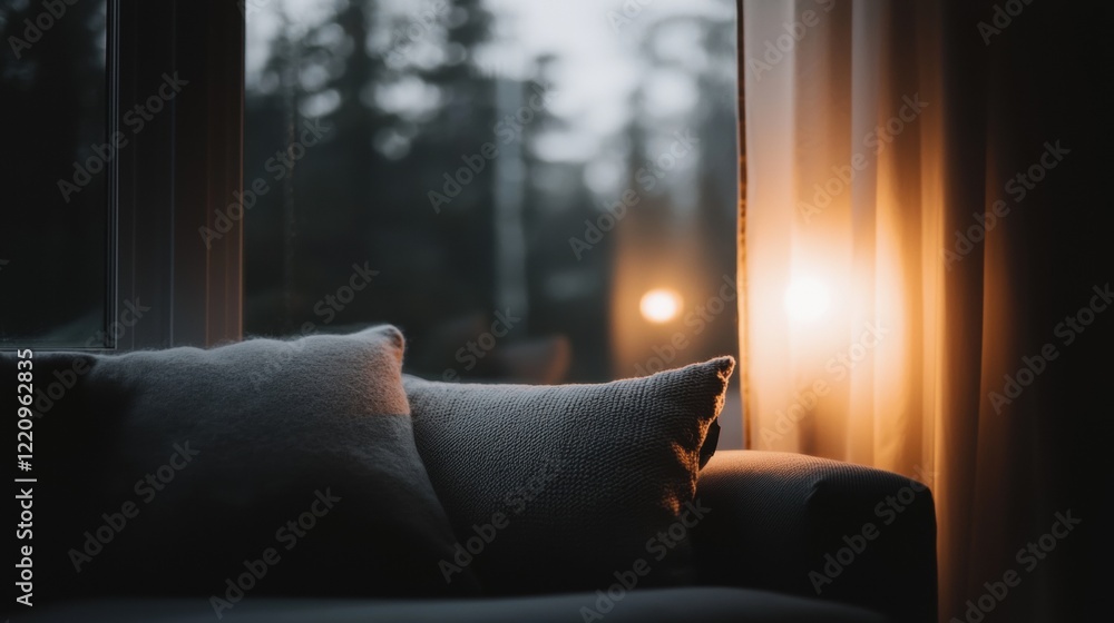 Poster a couch with a pillow on it and a window in the background