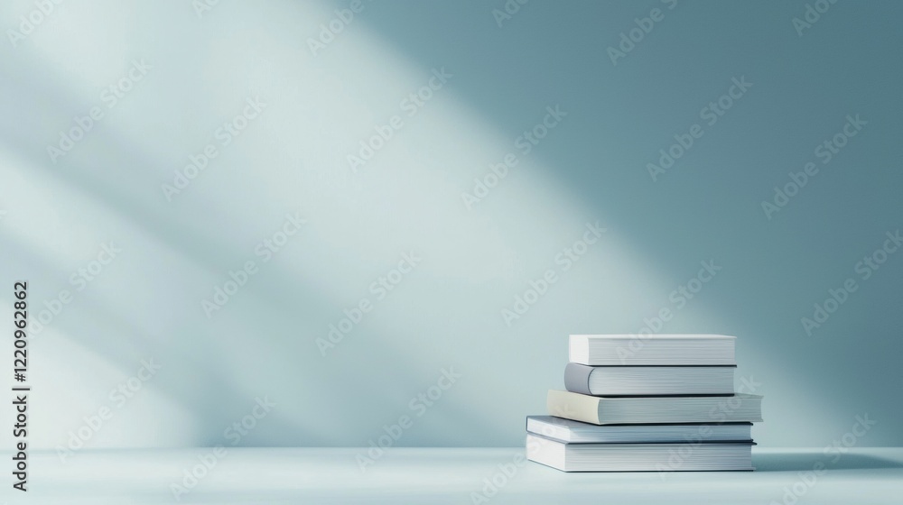 Poster a stack of books on a table in front of a wall