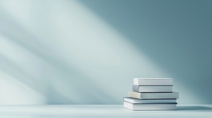 A stack of books on a table in front of a wall