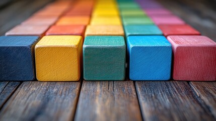 A colorful arrangement of small, rectangular wooden blocks,
