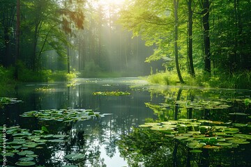 A pond in the middle of a forest filled with water lillies