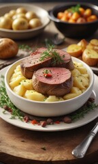 beautiful arrangement of boiled potatoes mashed into a creamy dish served alongside a beef steak, side dish, home cooked meal