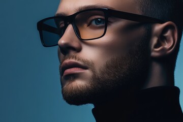 Fototapeta premium Stylish man with eyeglasses posing against a blue background in a modern setting