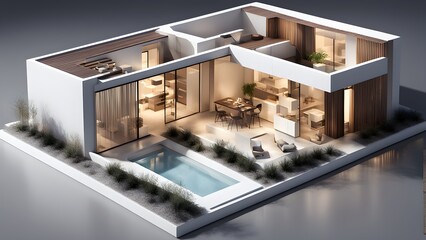 Isometric view of a modern, luxury house with an integrated pool and outdoor patio, showcasing contemporary design and elegant interior spaces.