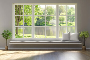 Bright and serene view of a peaceful lake through a large window on a sunny day