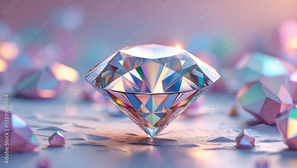 Poster a sparkling diamond sits among smaller gems, reflecting light in a colorful display, creating an enc