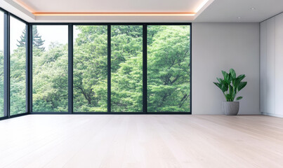 Fototapeta premium Modern interior space with large windows overlooking lush greenery in bright daylight