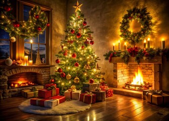 Magical Christmas Eve: Glowing Tree, Fireplace, & Presents in Low Light
