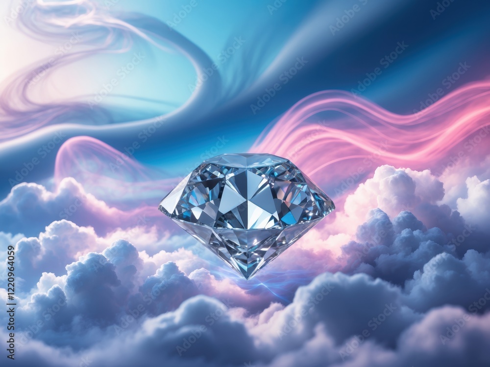 Poster a sparkling diamond floats above colorful clouds, bathed in ethereal light, creating a dreamy and su