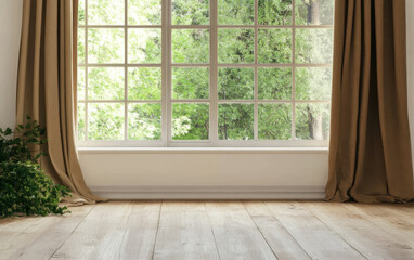 Bright and inviting room with large window overlooking green garden