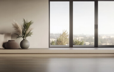 Fototapeta premium Elegant modern interior with minimalist decor and large windows overlooking a scenic view