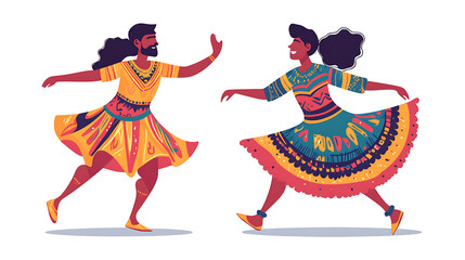 Couple dressing up for a cultural dance class in a foreign country, vibrant flat colors on a white background 