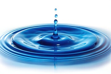 Blue liquid drips slowly from a droplet on the isolated white background, forming a small pool of slime, solo scene, dripping slime, blue liquid, viscous fluid, slimy texture