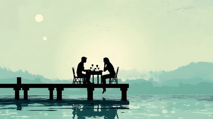 Couple enjoying a romantic dinner on a wooden pier over the water, gentle flat palette on a white background 
