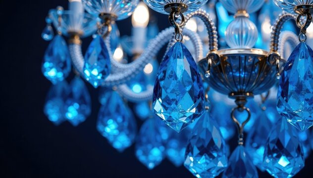 Blue sapphire and topaz crystals refracting blue light in a stunning chandelier installation, luxury item, ceiling decoration, lighting fixture