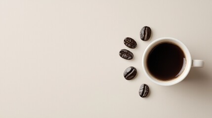 Obraz premium A white coffee cup with a few coffee beans on the table