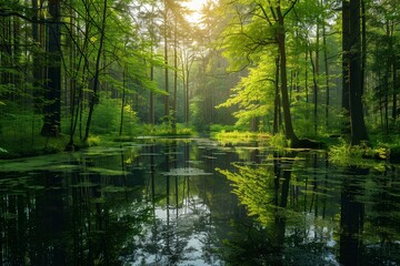 A body of water surrounded by trees in a forest