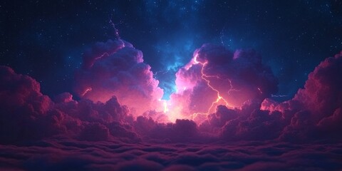 Naklejka premium Bright neon-colored clouds with glowing lightning and stars. Perfect for dreamlike, magical, and artistic visuals.